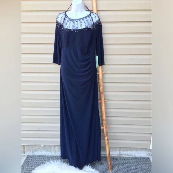 Dj-Jaz | Dresses | Nwt Womens Dj Jaz Navy Blue Beaded Wmesh Floor Length  Dress Size 6 | Poshmark
